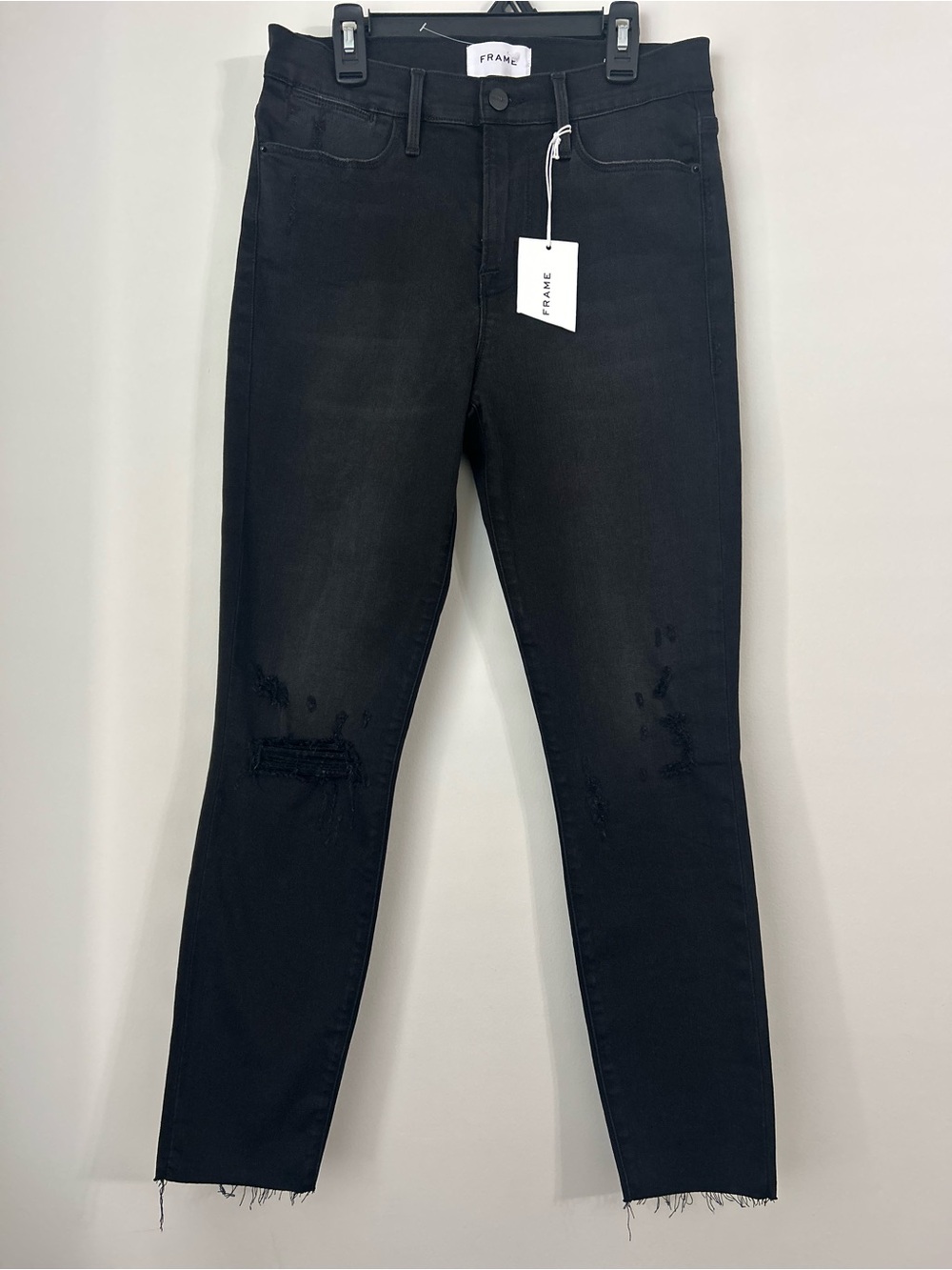 FRAME Le High Skinny Crop Jeans 27 Black Distressed Ripped Raw Hem NWT Womens